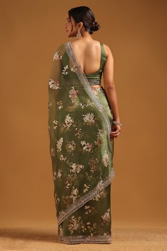 Soch Womens Green Organza Floral Saree With Stone Work
