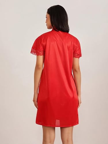 Clovia Women's Satin Solid Short Night Dress & Robe (NS1054P04_Red_S)