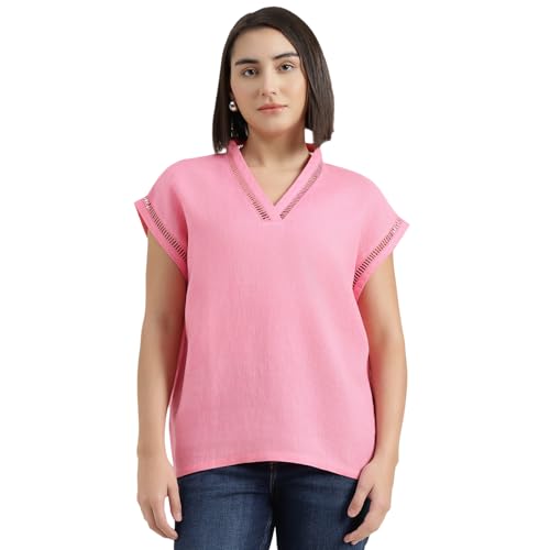 United Colors of Benetton Regular Fit V-Neck Self Design Top (Size : 2XL) - 26P5WVNTP301ILF3 Pink
