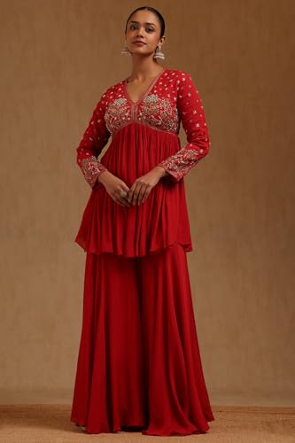 Soch Womens Red Chinon Hand Embroidered Suit Set With Cutdana