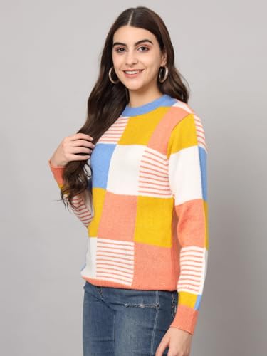 THE DRY STATE Womens Full Sleeves Round Neck Acrylic Colourblock Pullover Sweater