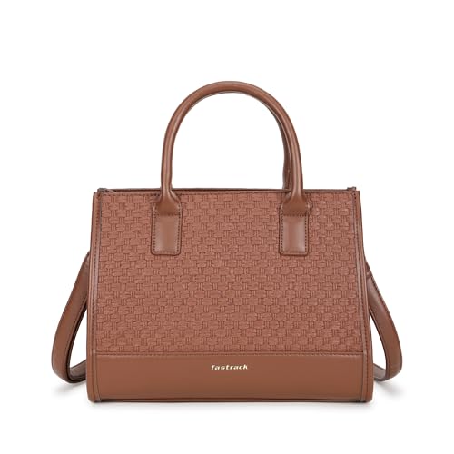 Fastrack Lattice Brown Satchel Bag | Faux Leather Woven Design | Three Compartment Satchel with Center Zipper Pocket & Organizer Pockets | Dual Carry Handles & Adjustable Strap
