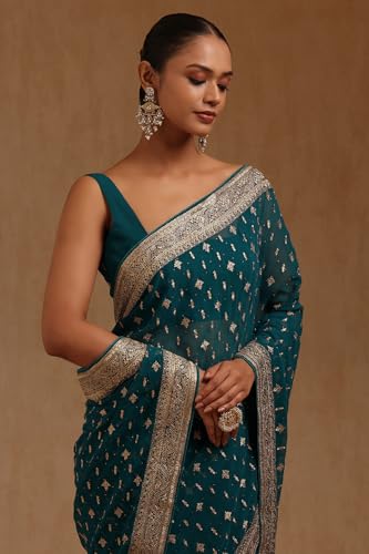 Soch Womens Teal Green Georgette Embroidered Saree With Stone Work