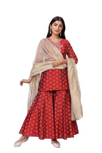 W for Woman Red Bandhni Print Zari Embellished Straight Art Silk Kurta with Sharara and Dupatta Set (WS13171-126692-2XL)