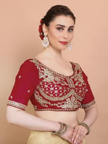 S SALWAR STUDIO Red Silk Sweetheart Neck Embroidered Readymade Alterable Padded Saree Blouse