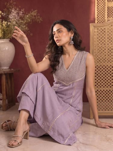 Varanga Women Lavender Kurta Set V Neck Sleeveless Silk Georgette