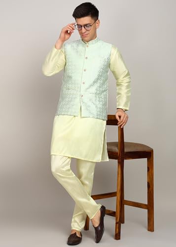 Fort Worth Men's Kurta Pyjama with Nehru Jacket - Elegant Indian Ethnic Wear for Weddings, Festivals, and Special Occasions - Traditional Sherwani Alternative, Comfortable Fabric (Lemon-36)