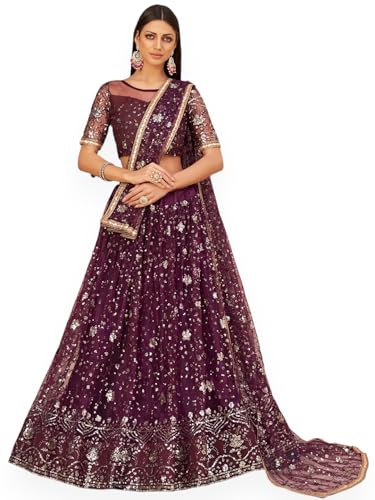 Zeel Clothing Womens Net Lehenga Choli Semi-Stitched Wine Wedding Bridal Free Size