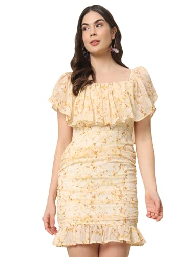 Trend Arrest.ed Women's Off-Shoulder Ruched Mini Dress|Printed Bodycon Dress for Beach, Casual Parties & Summer Outings | Short Sleeve Sheath Fit (2XL) Cream