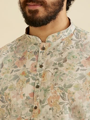 Manyavar Men's Cotton Blend Floral Print Kurta (Beige,M)