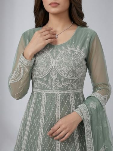 JULEE Women's Net Embroidered Semi-Stitched Gown Bindi Gown Mint-GEM