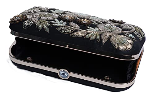 SWISNI Women's Elegant Flower Zardosi Embroiery Black Clutch | Raw Silk | 8X4 Inch Clutch Purse For Bridal, Casual, Party, Wedding, Evening, Gift