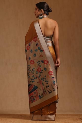 Soch Womens Mustard Tussar Floral Printed Saree