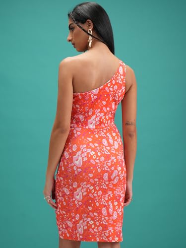 Tokyo Talkies Women Printed Knitted Oneshoulder Ruched Dress