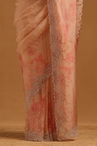 Soch Womens Peach Fendy Organza Embellished Saree With Stone Work