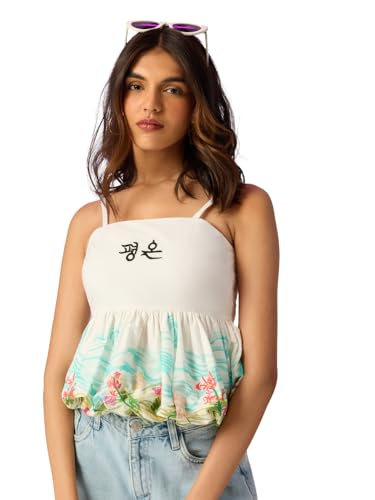 The Souled Store Serene Women and Girls Sleeveless Square Neck White and Mint Floral Print Embroidered Cotton Regular Fit Lightweight Breathable All-Season Comfortable Peplum Top