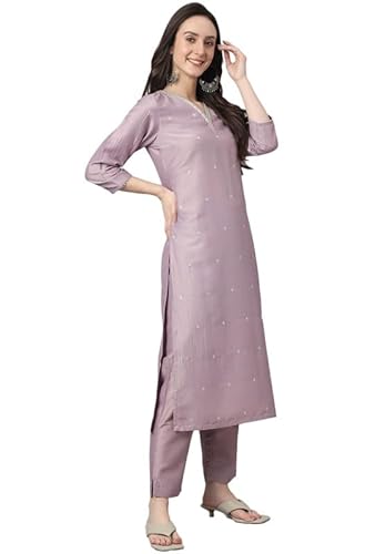 Janasya Women's Lavender Chinon Embellished Kurta with Pant and Dupatta(SET566-KR-NP-XL)