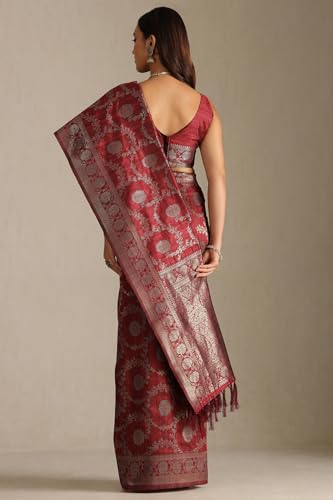 Soch Womens Maroon Tussar Floral Print Saree With Zari Woven