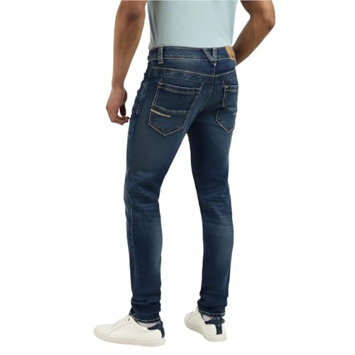 United Colors of Benetton Solid Slim Tapered Fit Mid Wash Worn Knit Jeans (Size: 34)-25A4REJE1306I901 Blue