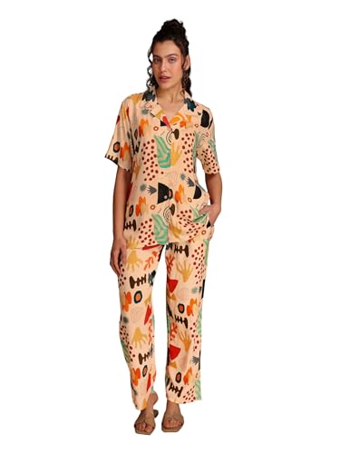 TITTLI Women Digital Printed Nightsuit | Shirt and Pyjama Co-Ord Set | Short Sleeve Sleepwear | Comfortable Nightwear with Pockets | Comfort in Travel | L | XL | XXL Cream