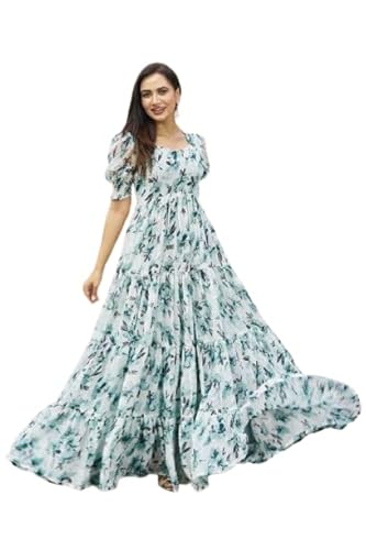 NIVUS CLOTHING Women's Printed Georgette Flared Long_Gown | Anarkali-Style Maxi Dress | Lightweight Casual Wear_Gown Color White Size XL