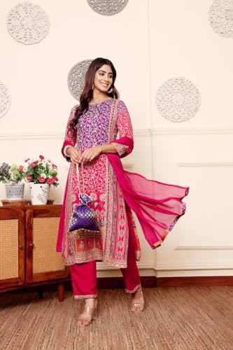 Varanga Women Purple And Pink Thread And Gotta Work Straight Kurta With Trousers And Dupatta