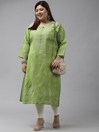 Ada Indian Hand Embroidered Chikankari Straight Cotton Kurta Kurti Tunic for Women A208470, Green, Medium