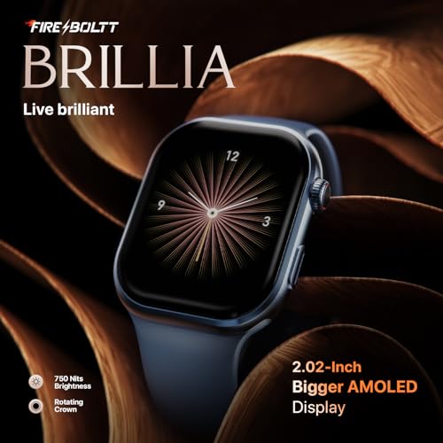 Fire-Boltt Brillia Smart Watch with 51.3mm (2.02 inch) AMOLED Display, Bluetooth Calling, SpO2, Heart Rate Monitoring, 120+ Sports Modes, IP67 Waterproof, Long Battery Life
