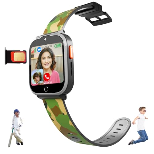 SPIKY 4G Kids Smart Watch with Video Calling, GPS Tracker, WiFi & SIM Support | Calling Smartwatch for Boys & Girls | SOS, Safe Zone, IP67 Waterproof, Camera, Pedometer (Camo Green)
