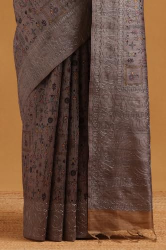 Soch Womens Grey Tussar Kantha Embroidered Warli Saree