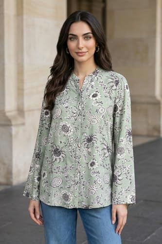W for Woman Green Floral Printed Straight Shirt - (W31488-127120-XXL)