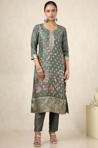 Soch Womens Olive Brocade Floral Chudidar Set With Zari