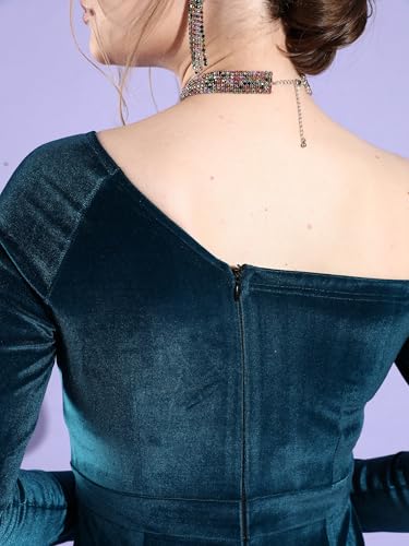 Miss Chase Women's One Shoulder Full Sleeve Solid Asymmetric Regular-Length Velvet Jumpsuit (MCSS23D98-49-83-05, Teal, L)