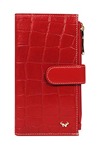 Calfnero Women’s Genuine Leather Croco Embossed Wallet | Long Clutch Wallet with Multiple Card Slots, ID Window & Dual Zip Compartments