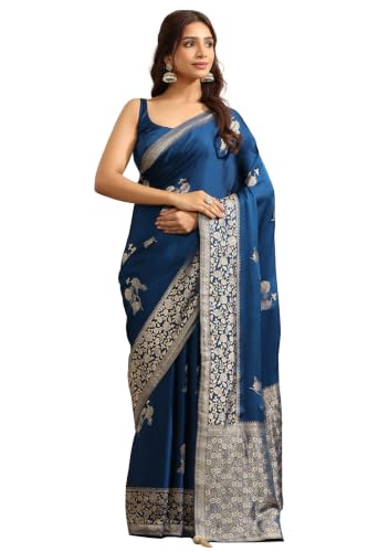 Soch Womens Navy Blue Satin Botanical Zari Woven Saree