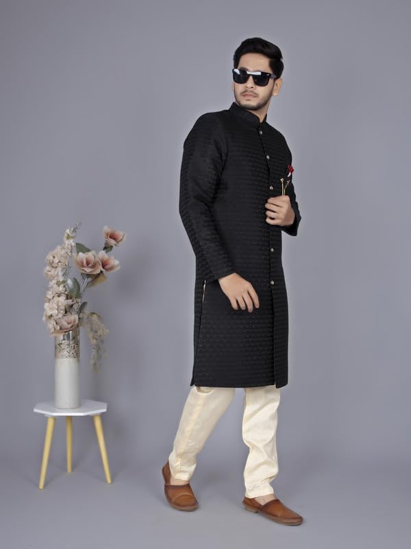 XEPON Mens Traditional Ethnic Wear Black Sherwani & Pajama Set (Black, L Size)