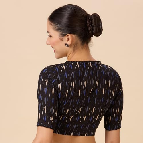 Studio Shringaar Women's Cotton Ikat Printed Elbow Length Sleeves Saree Blouse (Black, 36)