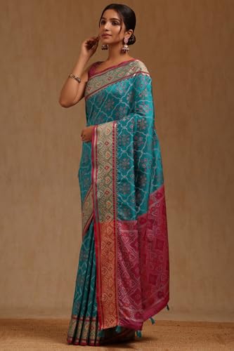 Soch Womens Turquoise Blue Silk Blend Patola Print Saree