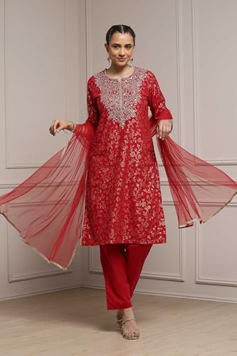 Biba Women Green-Maroon Cotton Straight Printed Suit Set_36