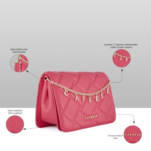 Caprese Winter Medium Sling Bag for Women with Adjustable & Detachable Strap | Multi‑Compartment Shoulder Bag with Zipper & Magnetic Button Closure Letter Chain Charm (Fuchsia)