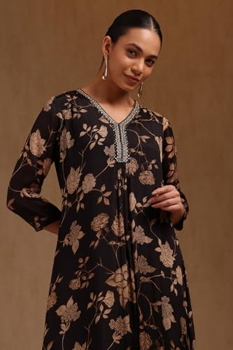 Soch Womens Black Chinon Floral Print Dress with Cutdana