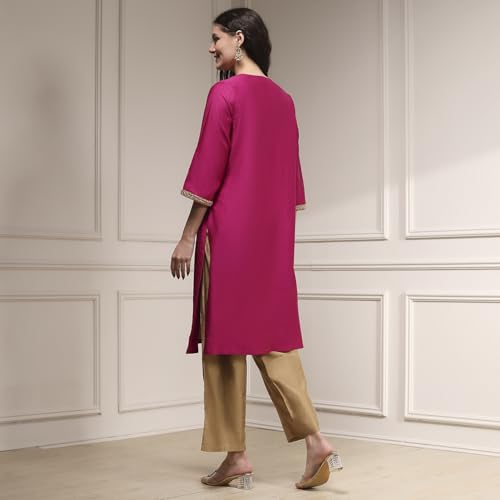 Biba Women Wine Polyester Blend Straight Solid Kurta_34