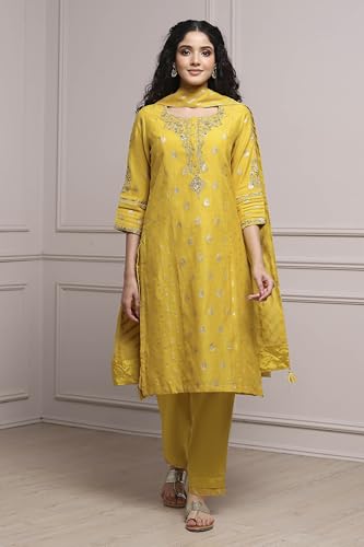 Biba Women Lime Cotton Blend Straight Yarndyed Suit Set_42