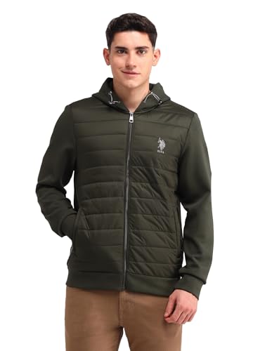 U.S. Polo Assn. Denim Co. Men's Green Solid Hooded Long Sleeve Casual Polyester Regular Fit Quilted Jacket (UDJCK1408_Green_L)