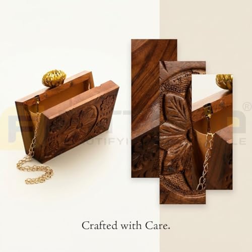 FITTINGO Wooden Clutch Purse for Women 11.5 x 5.5 x 19 cm | Rectangular Handcrafted Wooden Purse Bag with Chain | Stylish Hard Wood Clutch for Party Wedding Casual Use Premium Wooden Handbag- Model 3