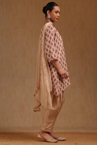 Soch Womens Beige Georgette Floral Print Suit Set With Mirror Work