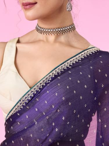 MOHEY Women's Organza Stone Work Saree with Blouse Piece (Purple)