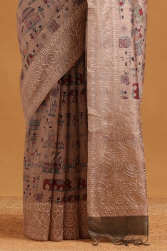 Soch Womens Beige Tussar Kantha Embroidered Warli Saree