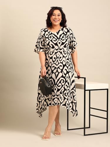 The Pink Moon Women's Maxi Plus Size Abstract Print Aline Dress - (DRS_Aline_BWCRP_White_2XL)
