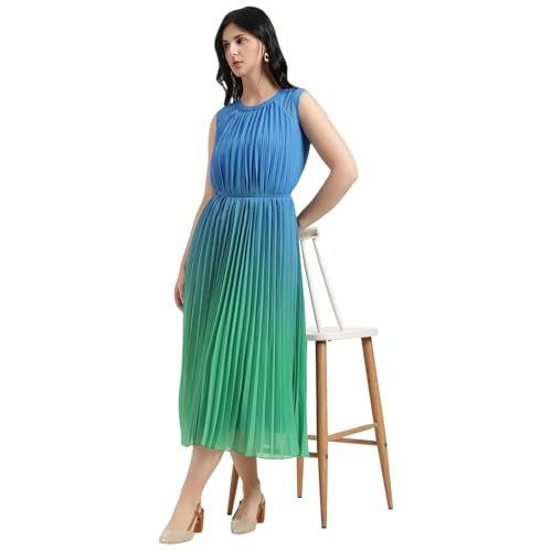 United Colors of Benetton Regular Fit Round Neck Ombre Pleated Dress (Size : 2XL) - 26P4WVNDR328I902 Blue